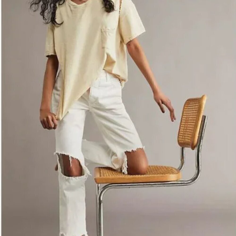 FREE PEOPLE Maggie Mid-Rise Straight-Leg Jeans / Optic White Size 27 Raw Hem
